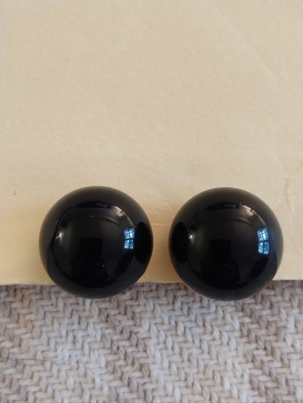 Vintage Crown Trifari Black Domed Clip On Earrings With Gold Tone Back & Ear Cli